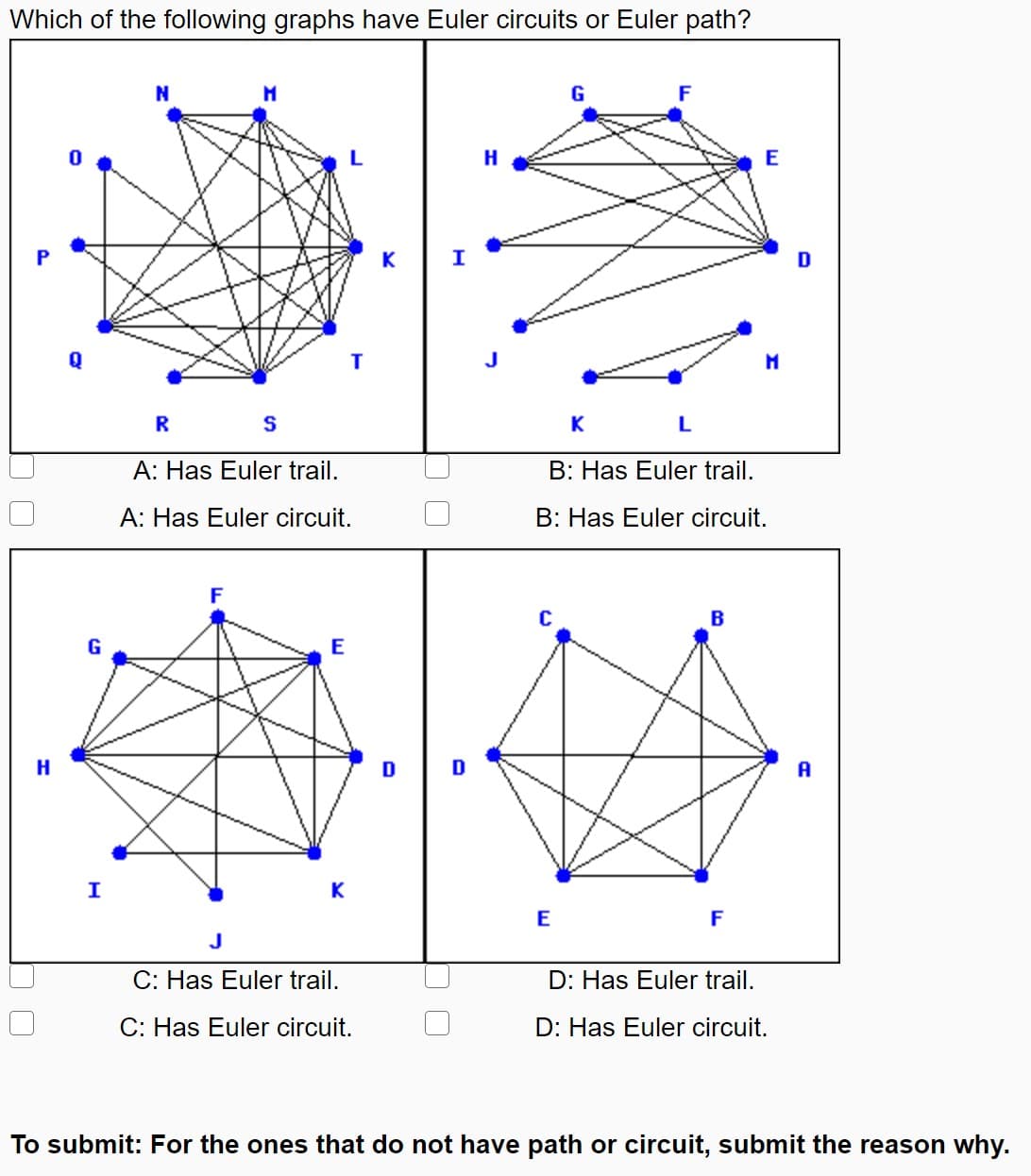 Which of the following graphs have Euler circuits or Euler path?
E
K
I
D
T
R
K L
A: Has Euler trail.
B: Has Euler trail.
A: Has Euler circuit.
B: Has Euler circuit.
F
E
H
D
D
A
I
K
E
F
J
C: Has Euler trail.
D: Has Euler trail.
C: Has Euler circuit.
D: Has Euler circuit.
To submit: For the ones that do not have path or circuit, submit the reason why.
