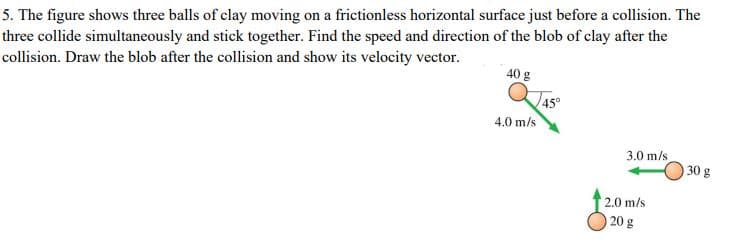 5. The figure shows three balls of clay moving on a frictionless horizontal surface just before a collision. The
three collide simultaneously and stick together. Find the speed and direction of the blob of clay after the
collision. Draw the blob after the collision and show its velocity vector.
40 g
45°
4.0 m/s
3.0 m/s
30 g
2.0 m/s
20 g
