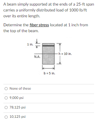 A beam simply supported at the ends of a 25-ft span
carries a uniformly distributed load of 1000 Ib/ft
over its entire length.
Determine the fiber stress located at 1 inch from
the top of the beam.
1 in.
h = 10 in.
N.A.
b = 5 in.
None of these
O 9,000 psi
78,125 psi
O 10,125 psi
