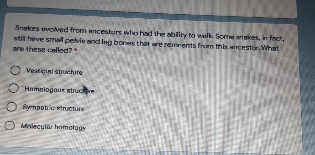 Snakes evolved from ancestors who had the ability to walk. Some snakes, in fact,
still have small pelvis and leg bones that are rermnants from this ancestor. What
are these called? *
O Vestigial structure
Homologous strucre
O Sympatric structure
Molecular homology
