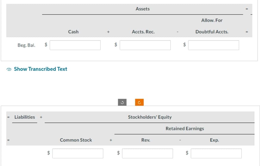 Beg. Bal.
$
Show Transcribed Text
Liabilities
SA
Cash
Common Stock
$
CA
$
LA
G
Assets
Accts. Rec.
Stockholders' Equity
Rev.
$
LA
Allow. For
$
Doubtful Accts.
Retained Earnings
Exp.