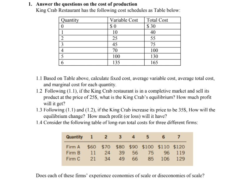 1. Answer the questions on the cost of production
King Crab Restaurant has the following cost schedules as Table below:
Quantity
Variable Cost
$0
10
Total Cost
$ 30
1
40
25
55
3
45
75
4
70
100
100
130
135
165
1.1 Based on Table above, calculate fixed cost, average variable cost, average total cost,
and marginal cost for each quantity.
1.2 Following (1.1), if the King Crab restaurant is in a completive market and sell its
product at the price of 25$, what is the King Crab's equilibrium? How much profit
will it get?
1.3 Following (1.1) and (1.2), if the King Crab increase its price to be 35$, How will the
equilibrium change? How much profit (or loss) will it have?
1.4 Consider the following table of long-run total costs for three different firms:
Quantity
1 2
3
4 5
6 7
Firm A
$60 $70 $80 $90 $100 $110 $120
Firm B
11
24
39
56
75 96 119
Firm C
21
34
49
66
85 106 129
Does each of these firms' experience economies of scale or diseconomies of scale?
