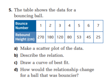 5. The table shows the data for a
bouncing ball.
Bounce
12 3 4
5 6
7
Number
Rebound
Height (cm) 270 180 120 80 53 45
25
a) Make a scatter plot of the data.
b) Describe the relation.
c) Draw a curve of best fit.
d) How would the relationship change
for a ball that was bouncier?
