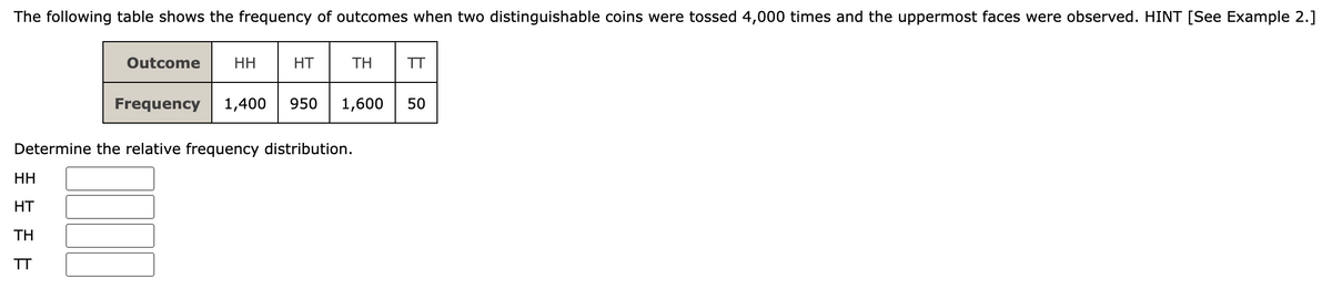 The following table shows the frequency of outcomes when two distinguishable coins were tossed 4,000 times and the uppermost faces were observed. HINT [See Example 2.]
Outcome
HH
HT
ΤΗ
TT
HH
HT
ΤΗ
Frequency 1,400 950
Determine the relative frequency distribution.
TT
1,600 50