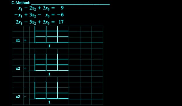 C. Method:
X1 - 2r, + 3xz
-x, + 3x, – Xz = -6
2x, – 5x, + 5x3 :
9
17
x1
1
х2
x2

