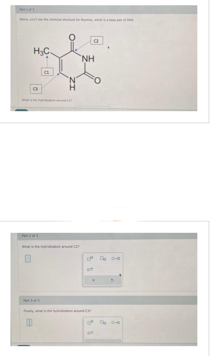 Part 1 of 3
Below, you'll see the chemical structure for thymine, which is a base pair of DNA.
H3C.
C1
C3
NH
H
What is the hybridization around C1?
Part 2 of 3
C2
NH
What is the hybridization around C2?
81
Part 3 of 3
Finally, what is the hybridization around C3?
811
ローロ
ローロ