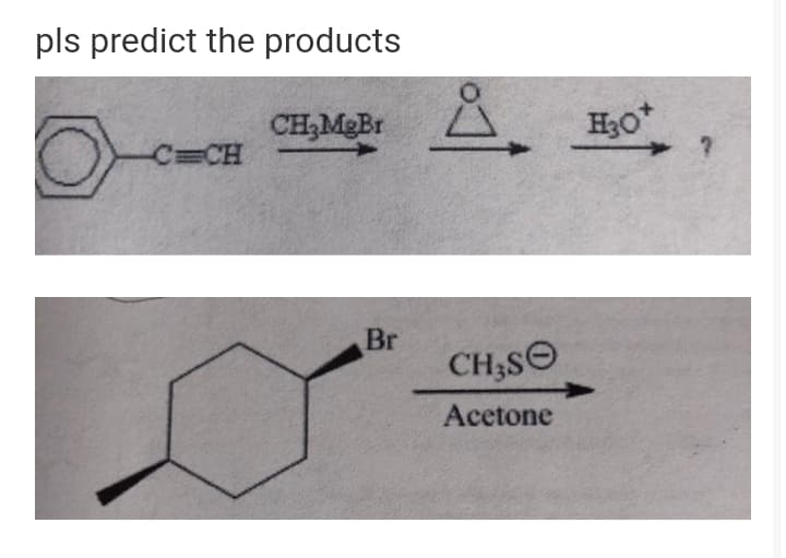 pls predict the products
CH,MgBr
H3O*
C=CH
Br
CH,SO
Acetone
