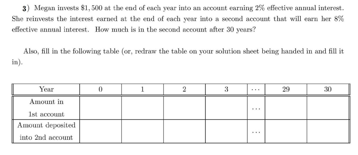 3) Megan invests $1,500 at the end of each year into an account earning 2% effective annual interest.
She reinvests the interest earned at the end of each year into a second account that will earn her 8%
effective annual interest. How much is in the second account after 30 years?
Also, fill in the following table (or, redraw the table on your solution sheet being handed in and fill it
in).
Year
0
1
2
3
Amount in
1st account
Amount deposited
into 2nd account
...
29
30
