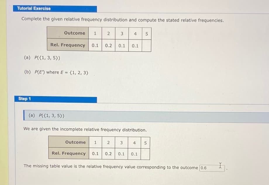 Tutorial Exercise
Complete the given relative frequency distribution and compute the stated relative frequencies.
Outcome 1
Step 1
(a) P({1, 3, 5})
(b) P(E') where E = {1, 2, 3}
Rel. Frequency 0.1 0.2
2
(a) P({1, 3, 5})
3
Outcome 1 2
0.1
4 5
We are given the incomplete relative frequency distribution.
3
0.1
4
5
Rel. Frequency 0.1 0.2 0.1 0.1
The missing table value is the relative frequency value corresponding to the outcome 0.6