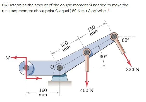 QI/ Determine the amount of the couple moment M needed to make the
resultant moment about point O equal ( 80 N.m) Clockwise. *
