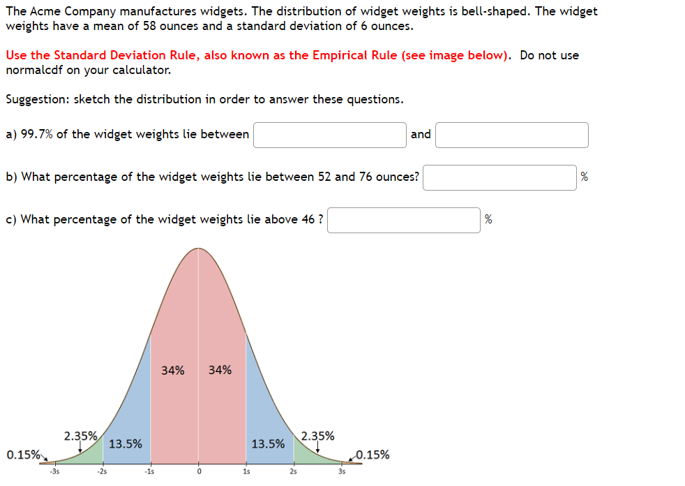 The Acme Company manufactures widgets. The distribution of widget weights is bell-shaped. The widget
weights have a mean of 58 ounces and a standard deviation of 6 ounces.
Use the Standard Deviation Rule, also known as the Empirical Rule (see image below). Do not use
normalcdf on your calculator.
Suggestion: sketch the distribution in order to answer these questions.
a) 99.7% of the widget weights lie between
and
b) What percentage of the widget weights lie between 52 and 76 ounces?
%
c) What percentage of the widget weights lie above 46 ?
34%
34%
2.35%,
13.5%
13.5% 2.35%
0.15%
„0.15%
-3s
-2s
-1s
1s
3s
