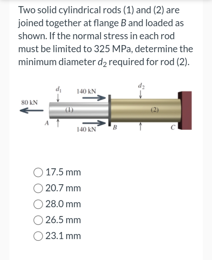 Two solid cylindrical rods (1) and (2) are
joined together at flange B and loaded as
shown. If the normal stress in each rod
must be limited to 325 MPa, determine the
minimum diameter d₂ required for rod (2).
80 KN
A
d₁
140 KN
140 KN
○ 17.5 mm
O 20.7 mm
O 28.0 mm
O 26.5 mm
23.1 mm
B
d₂
(2)
C
