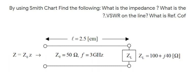 By using Smith Chart Find the following: What is the impedance ? What is the
?.VSWR on the line? What is Ref. Cof
l = 2.5 [cm]
Z = Z, z →
Z, = 50 2, f = 3GHZ
Z
Z, =100+ j40 [2]
