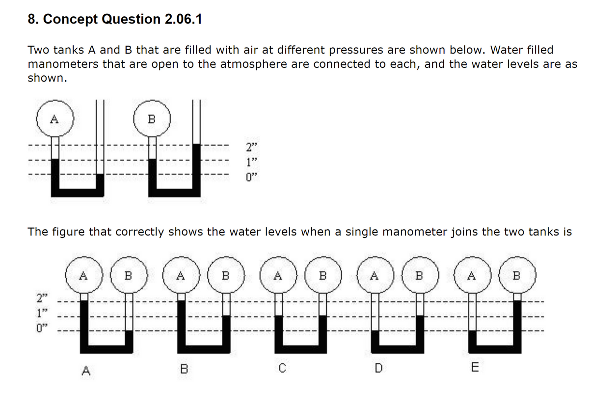 8. Concept Question 2.06.1
Two tanks A and B that are filled with air at different pressures are shown below. Water filled
manometers that are open to the atmosphere are connected to each, and the water levels are as
shown.
A
B
2"
1"
0"
The figure that correctly shows the water levels when a single manometer joins the two tanks is
A
B
A
B
A
B
A
B
A
B
2"
1"
0"
A
B
E
