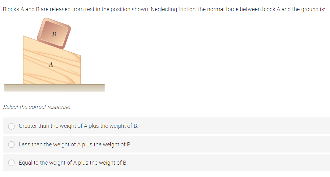 Blocks A and B are released from rest in the position shown. Neglecting friction, the normal force between block A and the ground is:
A
Select the correct response:
Greater than the weight of A plus the weight of B.
Less than the weight of A plus the weight of B.
Equal to the weight of A plus the weight of B.
