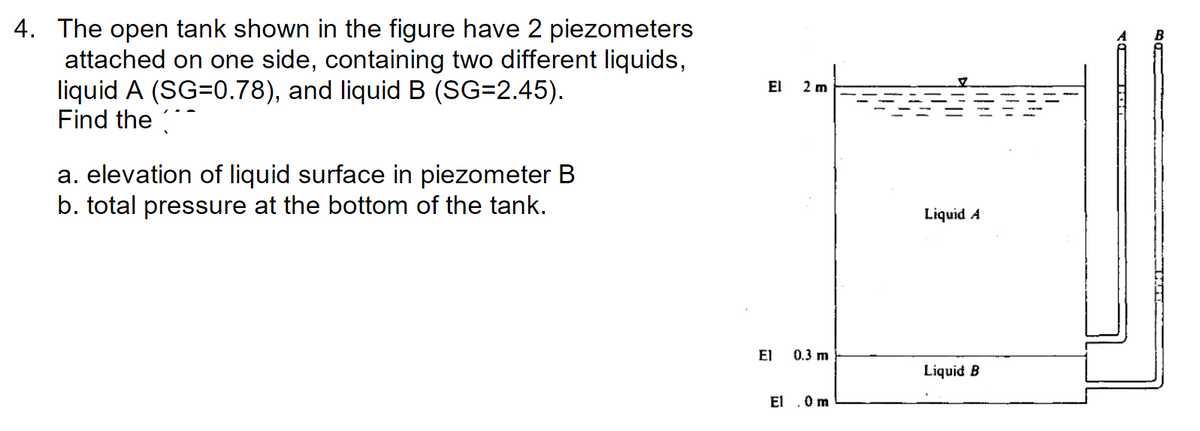 4. The open tank shown in the figure have 2 piezometers
attached on one side, containing two different liquids,
liquid A (SG=0.78), and liquid B (SG=2.45).
Find the
El
2 m
a. elevation of liquid surface in piezometer B
b. total pressure at the bottom of the tank.
Liquid A
El
0.3 m
Liquid B
El .0m
