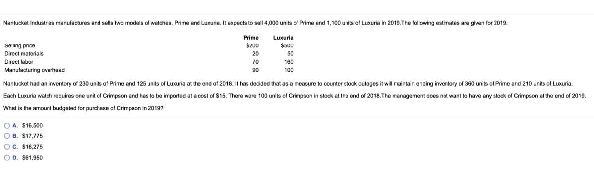 Nantucket Industries manufactures and sells two models of watches, Prime and Luxuria. It expects to sell 4,000 units of Prime and 1,100 units of Luxuria in 2019.The following estimates are given for 2019:
Prime
Luxuria
Selling price
$200
$500
Direct materials
20
50
Direct labor
70
160
Manufacturing overhead
90
100
Nantucket had an inventory of 230 units of Prime and 125 units of Luxuria at the end of 2018. It has decided that as a measure to counter stock outages it will maintain ending inventory of 360 units of Prime and 210 units of Luxuria.
Each Luxuria watch requires one unit of Crimpson and has to be imported at a cost of $15. There were 100 units of Crimpson in stock at the end of 2018.The management does not want to have any stock of Crimpson at the end of 2019.
What is the amount budgeted for purchase of Crimpson in 2019?
O A. $16,500
B. $17,775
O C. $16,275
O D. $61,950
