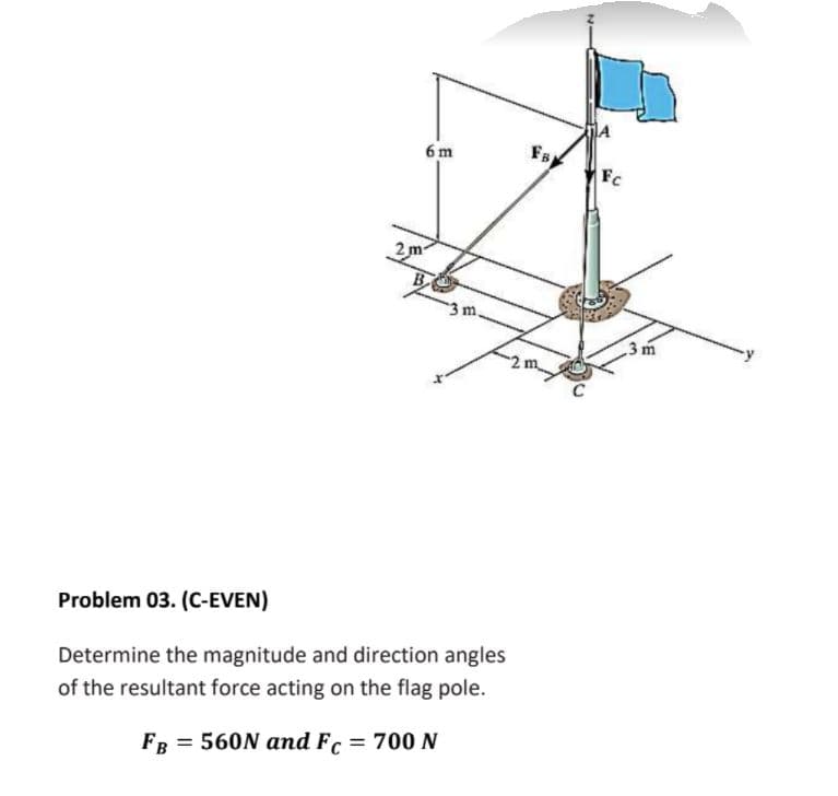 6 m
FB
Fc
2m-
3 m.
3 m
Problem 03. (C-EVEN)
Determine the magnitude and direction angles
of the resultant force acting on the flag pole.
= 700 N
FB = 560N and Fc
