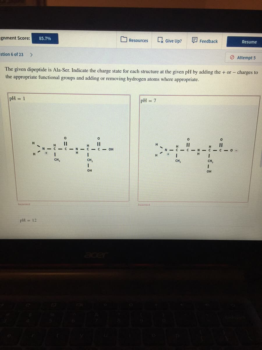 gnment Score:
85.7%
OResources
E Give Up?
E Feedback
Resume
estion 6 of 23
<>
O Attempt 5
The given dipeptide is Ala-Ser. Indicate the charge state for each structure at the given pH by adding the + or - charges to
the appropriate functional groups and adding or removing hydrogen atoms where appropriate.
pH = 1
pH = 7
H.
-N- C C O-
C - OH
H.
CH,
CH,
CH,
CH,
OH
OH
Incorrect
Incorrect
pH = 12
ace
