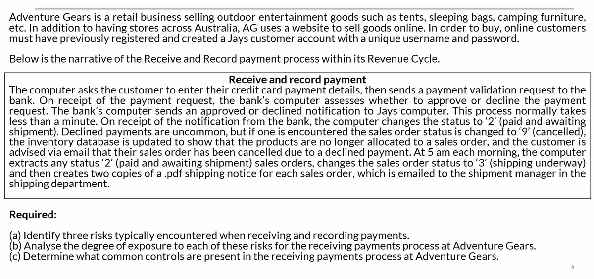 Adventure Gears is a retail business selling outdoor entertainment goods such as tents, sleeping bags, camping furniture,
etc. In addition to having stores across Australia, AG uses a website to sell goods online. In order to buy, online customers
must have previously registered and created a Jays customer account with a unique username and password.
Below is the narrative of the Receive and Record payment process within its Revenue Cycle.
Receive and record payment
The computer asks the customer to enter their credit card payment details, then sends a payment validation request to the
bank. On receipt of the payment request, the bank's computer assesses whether to approve or decline the payment
request. The bank's computer sends an approved or declined notification to Jays computer. This process normally takes
less than a minute. On receipt of the notification from the bank, the computer changes the status to '2' (paid and awaiting
shipment). Declined payments are uncommon, but if one is encountered the sales order status is changed to '9' (cancelled),
the inventory database is updated to show that the products are no longer allocated to a sales order, and the customer is
advised via email that their sales order has been cancelled due to a declined payment. At 5 am each morning, the computer
extracts any status '2' (paid and awaiting shipment) sales orders, changes the sales order status to 3' (shipping underway)
and then creates two copies of a .pdf shipping notice for each sales order, which is emailed to the shipment manager in the
shipping department.
Required:
(a) Identify three risks typically encountered when receiving and recording payments.
(b) Analyse the degree of exposure to each of these risks for the receiving payments process at Adventure Gears.
(c) Determine what common controls are present in the receiving payments process at Adventure Gears.
