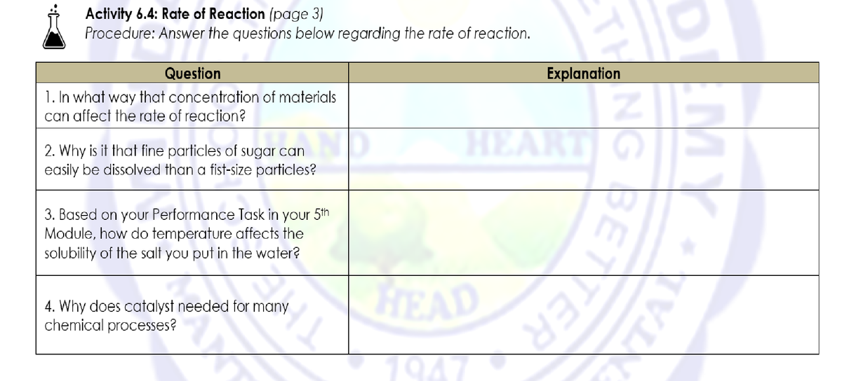 Activity 6.4: Rate of Reaction (page 3)
Procedure: Answer the questions below regarding the rate of reaction.
Question
Explanation
1. In what way that concentration of materials
can affect the rate of reaction?
2. Why is it that fine particles of sugar can
easily be dissolved than a fist-size particles?
ND
HEART
3. Based on your Performance Task in your 5th
Module, how do temperature affects the
solubility of the salt you put in the water?
FREAD
4. Why does catalyst needed for many
chemical processes?
HEAD
1947
TH
BETTER
ATA
