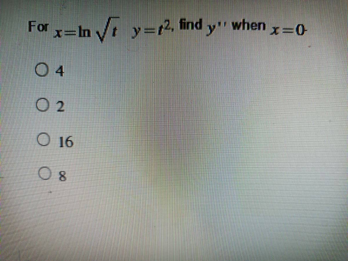 For x-In t x=0
y=r2, find y when
0 4
O 2
O 16
