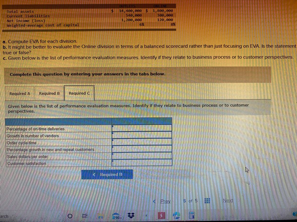 OUTLETS
ONLINE
14,400,000
540,000
1, 200,000
6%
$.
Total assets
Current liabilities
Net income (loss)
Weighted-average cost of capital
1,800,000
300,000
120,000
8%
a. Compute EVA for each division.
b. It might be better to evaluate the Online division in terms of a balanced scorecard rather than just focusing on EVA. Is the statement
true or false?
c. Given below is the list of performance evaluation measures. Identify if they relate to business process or to customer perspectives.
Complete this question by entering your answers in the tabs below.
Required A
Required B
Required C
Given below is the list of performance evaluation measures. Identify if they relate to business process or to customer
perspectives.
Percentage of on-time deliveries
Growth in number of vendors
Order cycle-time
Percentage growth in new and repeat customers
Sales dollars per order
Customer satisfaction
< Required B
< Prev
5 of 5
Next
arch
99+
%2:
