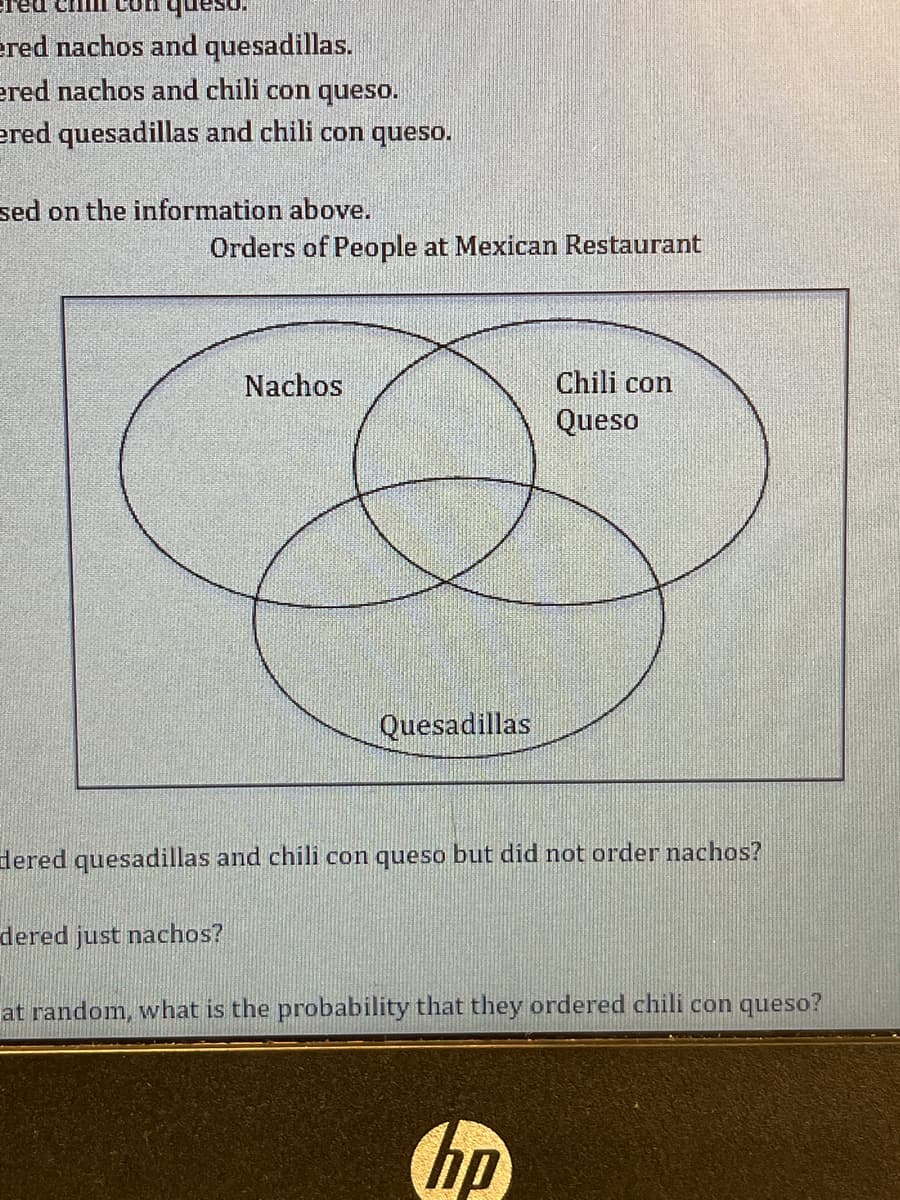 queso.
ered nachos and quesadillas.
ered nachos and chili con queso.
ered quesadillas and chili con queso.
sed on the information above.
Orders of People at Mexican Restaurant
Nachos
dered just nachos?
Quesadillas
dered quesadillas and chili con queso but did not order nachos?
Chili con
Queso
at random, what is the probability that they ordered chili con queso?
hp