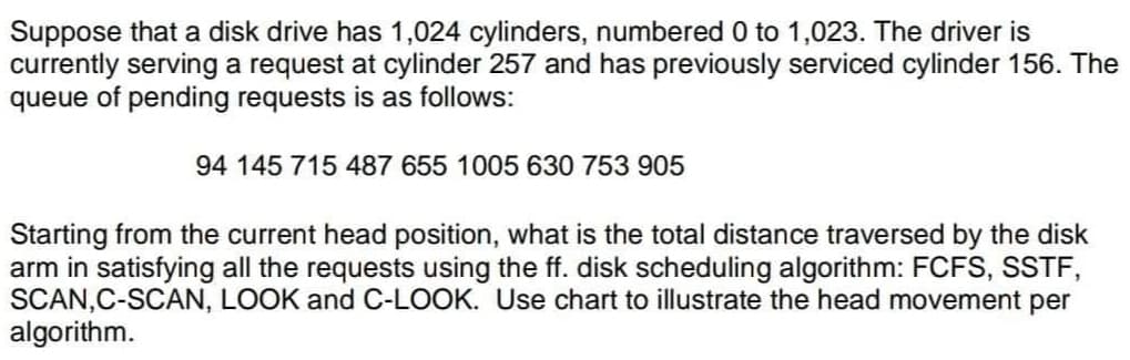 Suppose that a disk drive has 1,024 cylinders, numbered 0 to 1,023. The driver is
currently serving a request at cylinder 257 and has previously serviced cylinder 156. The
queue of pending requests is as follows:
94 145 715 487 655 1005 630 753 905
Starting from the current head position, what is the total distance traversed by the disk
arm in satisfying all the requests using the ff. disk scheduling algorithm: FCFS, SSTF,
SCAN,C-SCAN, LOOK and C-LOOK. Use chart to illustrate the head movement per
algorithm.