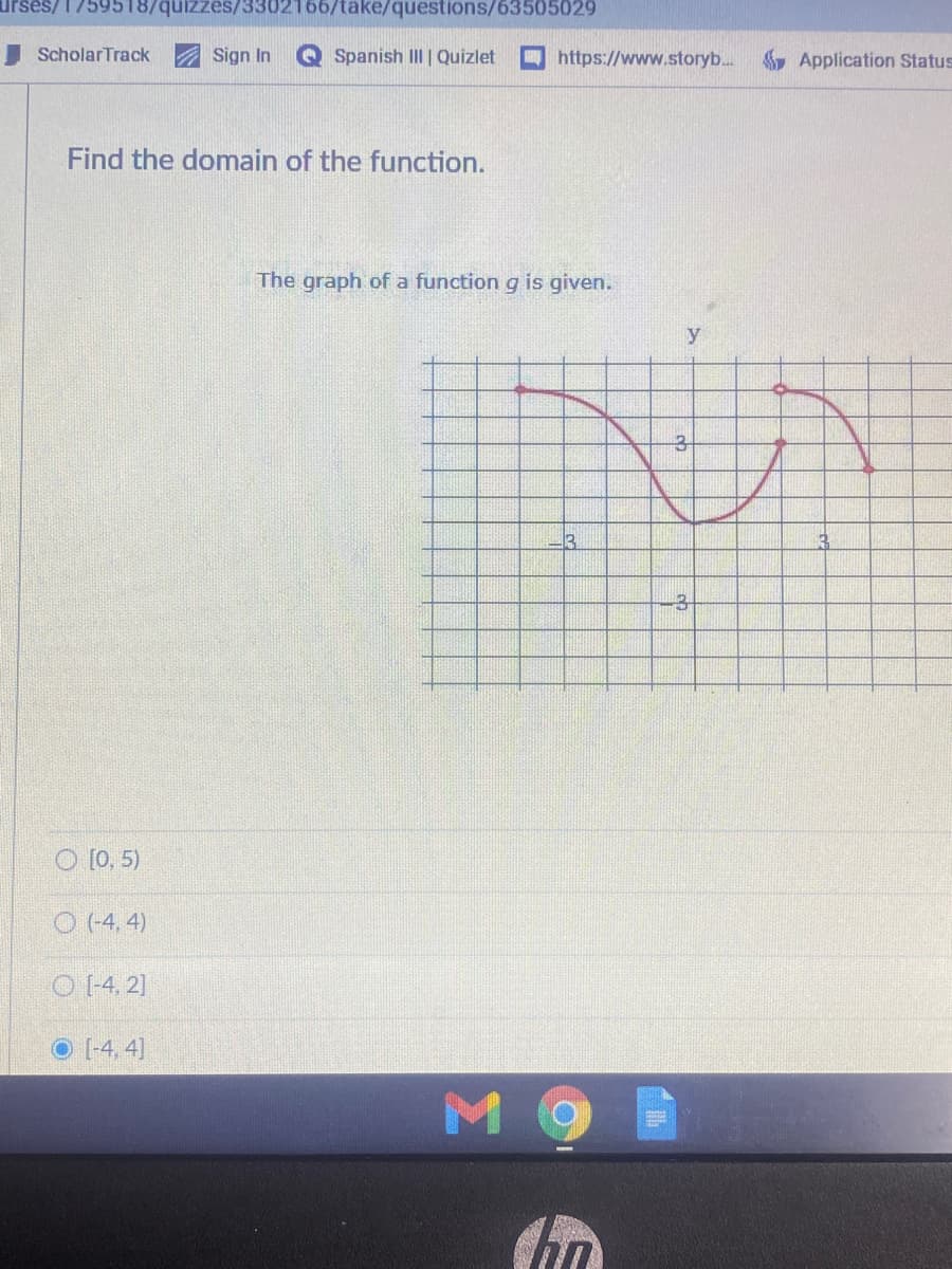 urses/175951
uizzes/3302166/take/questions/63505029
I ScholarTrack
Sign In
Spanish II | Quizlet
https://www.storyb...
Application Status
Find the domain of the function.
The graph of a function g is given.
3.
-3
O [0, 5)
O (4, 4)
O (-4, 2]
O [-4, 4)
lin
