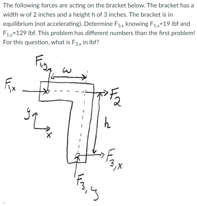 The following forces are acting on the bracket below. The bracket has a
width w of 2 inches and a height h of 3 inches. The bracket is in
equilibrium (not accelerating). Determine F3,x knowing F1x=19 lbf and
F1y=129 Ibf. This problem has different numbers than the first problem!
For this question, what is F3x in Ibf?
Fisn
39
