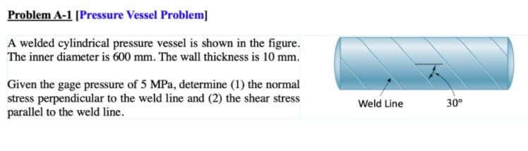 Problem A-1 [Pressure Vessel Problem]
A welded cylindrical pressure vessel is shown in the figure.
The inner diameter is 600 mm. The wall thickness is 10 mm.
Given the gage pressure of 5 MPa, determine (1) the normal
stress perpendicular to the weld line and (2) the shear stress
parallel to the weld line.
Weld Line
30°
