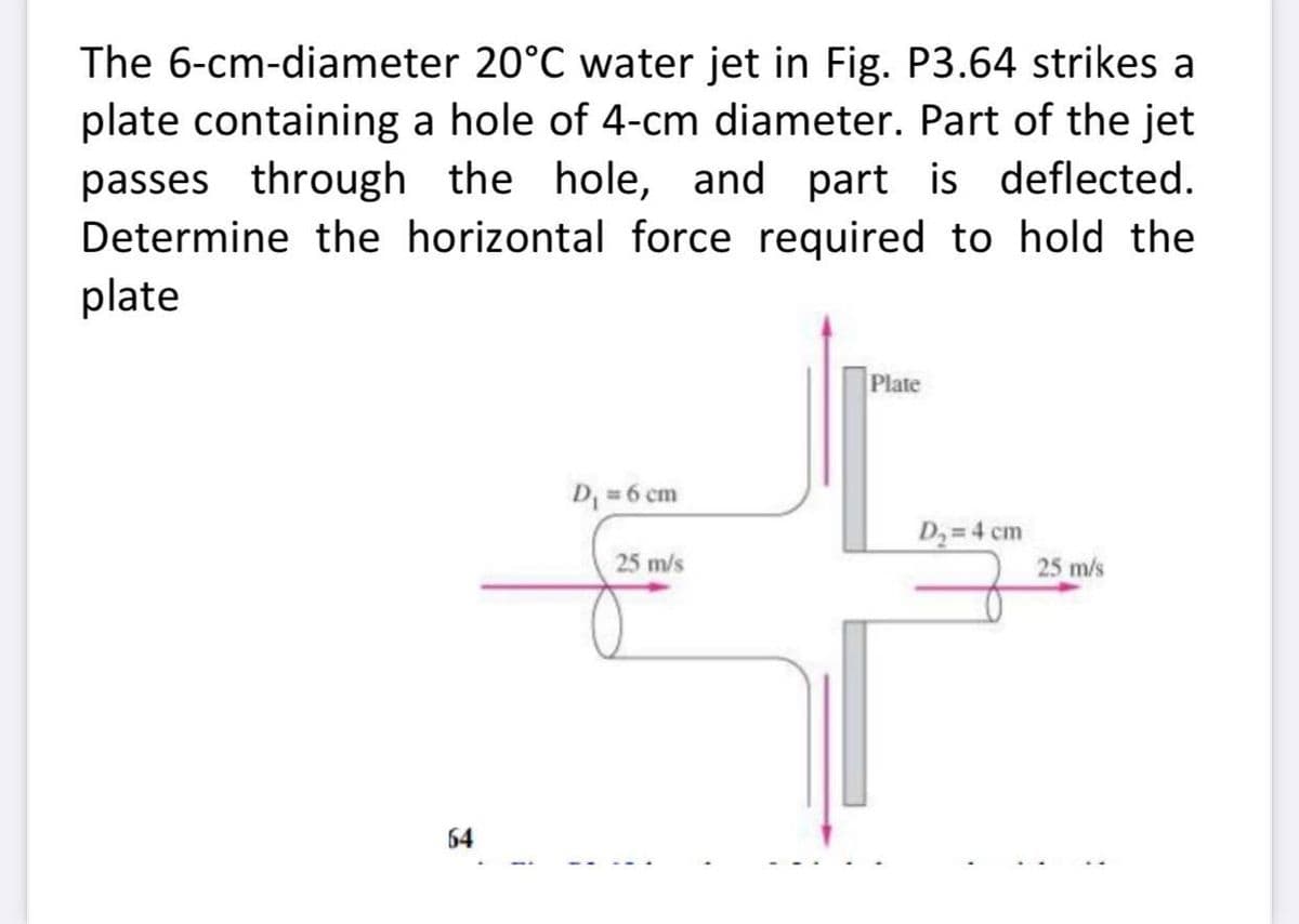 The 6-cm-diameter 20°C water jet in Fig. P3.64 strikes a
plate containing a hole of 4-cm diameter. Part of the jet
passes through the hole, and part is deflected.
Determine the horizontal force required to hold the
plate
Plate
D =6 cm
D2=4 cm
25 m/s
25 m/s
64
i

