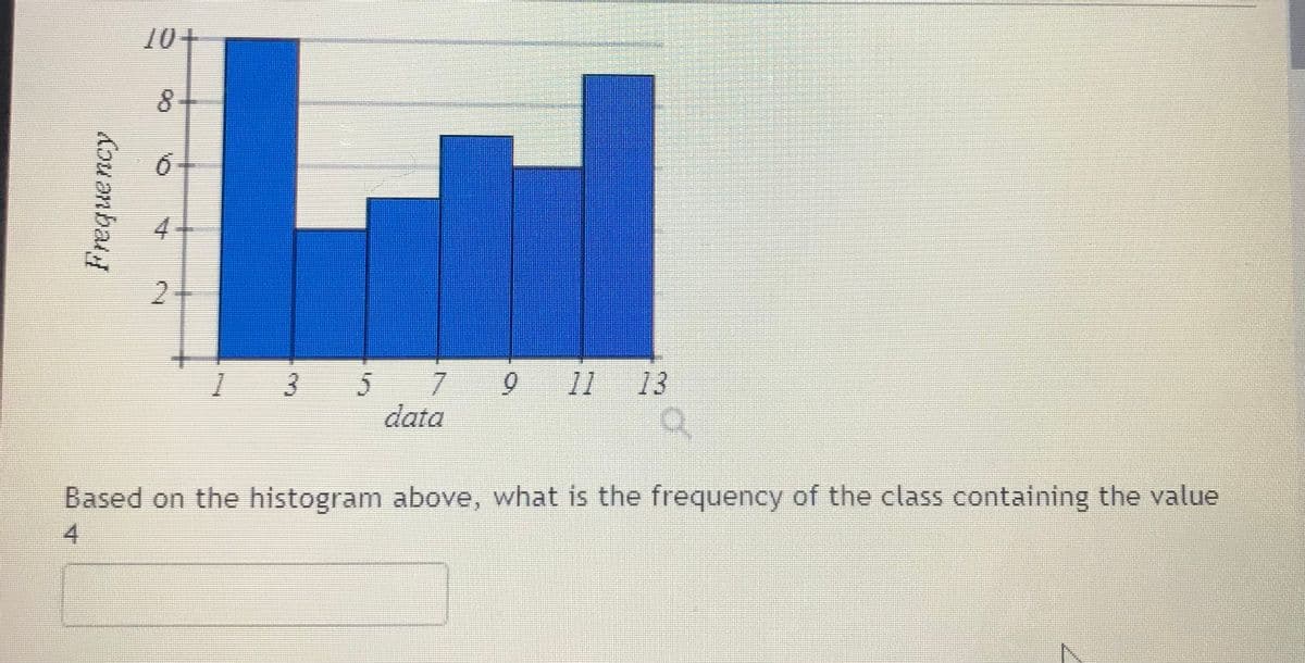 10+
8.
2.
6.
data
11 13
Based on the histogram above, what is the frequency of the class containing the value
4.
Aou anbaiy
