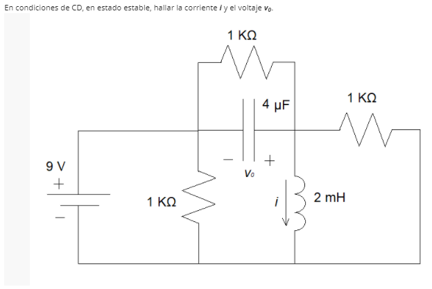 En condiciones de CD, en estado estable, hallar la corriente i y el voltaje vo.
1 ΚΩ
1 ΚΩ
4 µF
+
9 V
+
2 mH
1 ΚΩ
