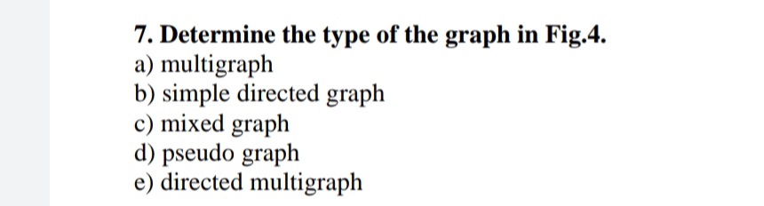 7. Determine the type of the graph in Fig.4.
a) multigraph
b) simple directed graph
c) mixed graph
d) pseudo graph
e) directed multigraph
