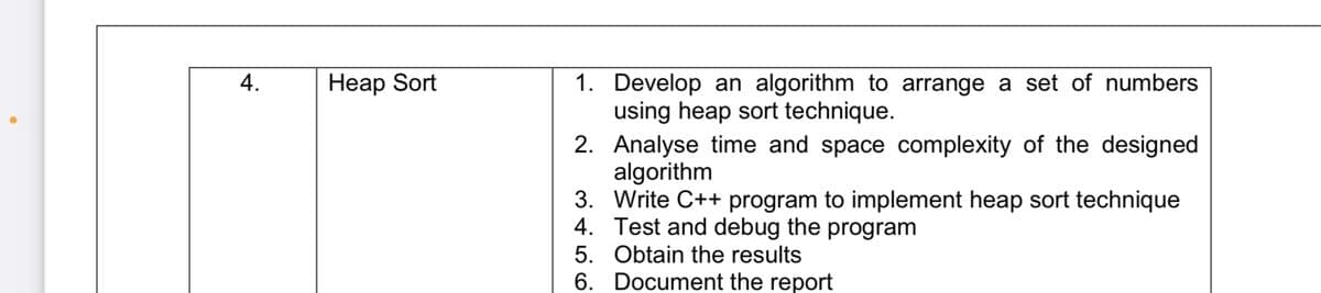 4.
1. Develop an algorithm to arrange a set of numbers
using heap sort technique.
2. Analyse time and space complexity of the designed
algorithm
3. Write C++ program to implement heap sort technique
4. Test and debug the program
5. Obtain the results
6. Document the report
Неаp Sort
