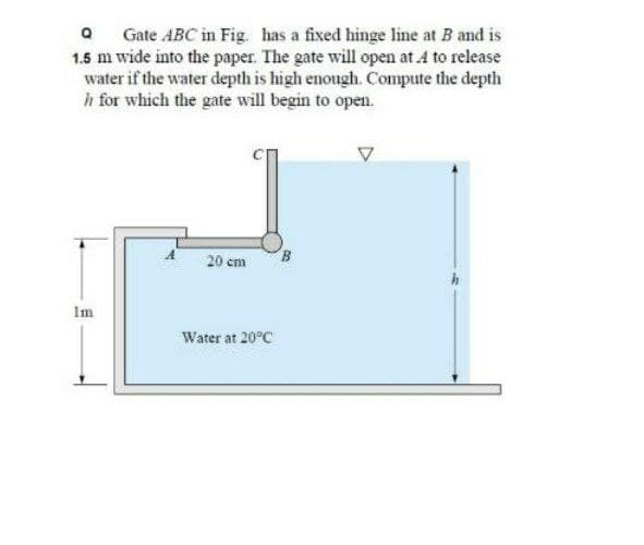 Gate ABC in Fig. has a fixed hinge line at B and is
1.5 m wide into the paper. The gate will open at 4 to release
water if the water depth is high enough. Compute the depth
h for which the gate will begin to open.
20 cm
Im
Water at 20°C
