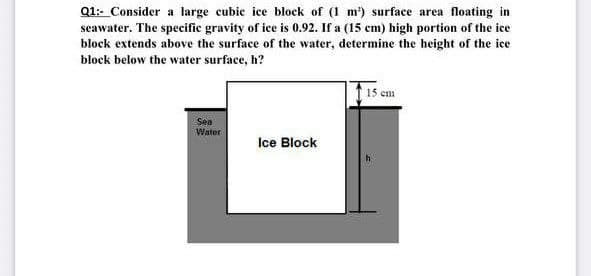 Q1:: Consider a large cubie ice block of (1 m) surface area floating in
seawater. The specific gravity of ice is 0.92. If a (15 cm) high portion of the ice
block extends above the surface of the water, determine the height of the ice
block below the water surface, h?
15 em
Sea
Water
Ice Block
