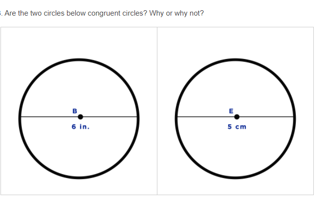 . Are the two circles below congruent circles? Why or why not?
E
6 in.
5 cm
