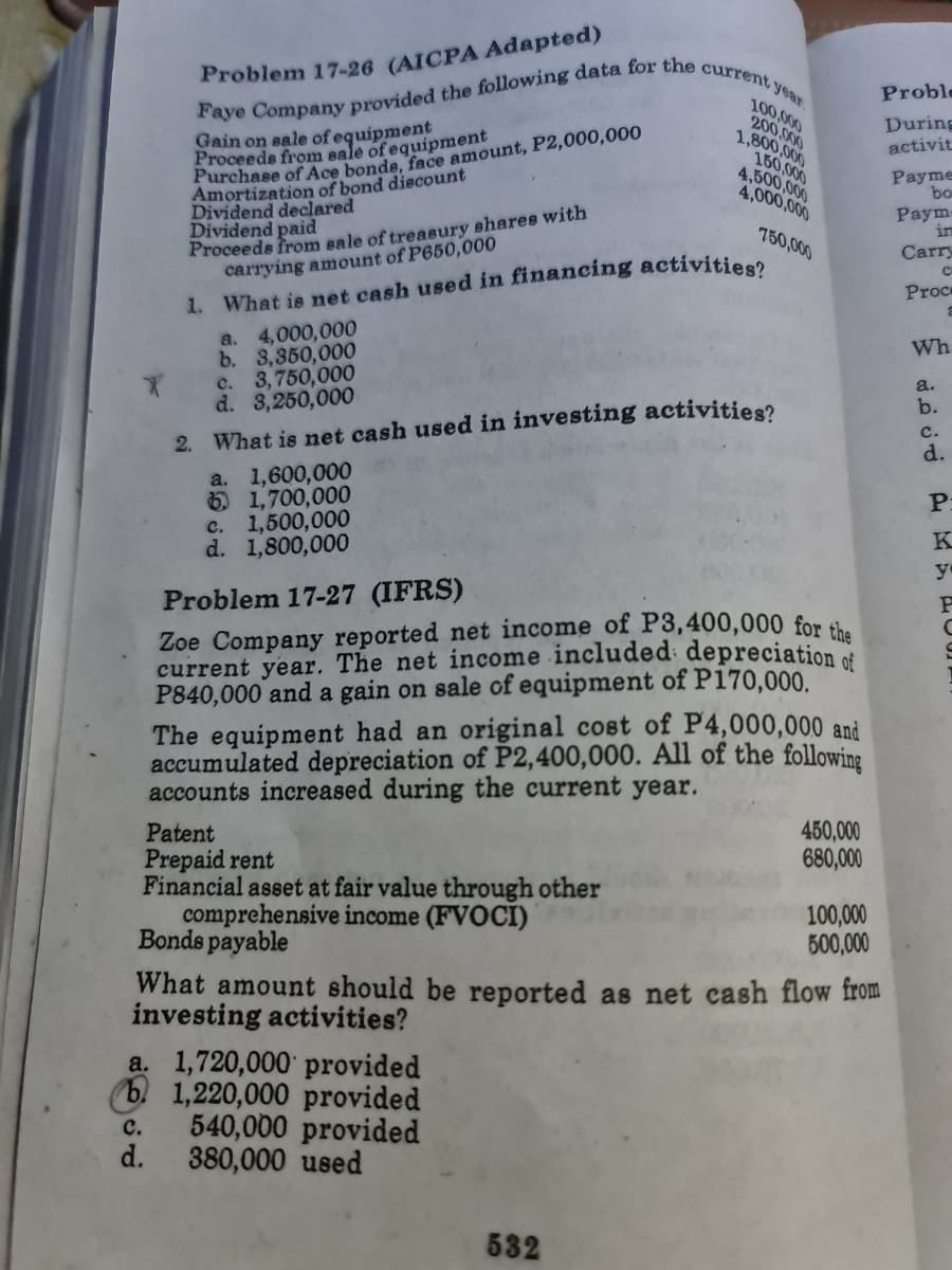 Faye Company provided the following data for the current year.
Problem 17-26 (AICPA Adapted)
Proble
Gain on eale ofequipment
Proceeds from sale of equipment
During
activit
Furchase of Ace bonde, face amount, P2,000,000
Amortization of bond diecount
Dividend declared
Dividend paid
Payme
bo
Paym
in
Carry
Proceeds from sale of treasury shares with
carrying amount of P650,000
750,000
1. What is net cash used in financing activities
Proce
a. 4,000,000
b. 3,350,000
c. 3,750,000
d. 3,250,000
Wh
a.
b.
c.
d.
2. What is net cash used in investing activities?
a. 1,600,000
O 1,700,000
c. 1,500,000
d. 1,800,000
P
K
y
Problem 17-27 (IFRS)
Zoe Company reported net income of P3,400,000 for .
current year. The net income included depreciation o
P840,000 and a gain on sale of equipment of P170,000.
The equipment had an original cost of P4,000,000 and
accumulated depreciation of P2,400,000. All of the following
accounts increased during the current year.
Patent
Prepaid rent
Financial asset at fair value through other
comprehensive income (FVOCI)
Bonds payable
450,000
680,000
100,000
500,000
What amount should be reported as net cash flow from
investing activities?
a. 1,720,000 provided
b. 1,220,000 provided
540,000 provided
d.
c.
380,000 used
532
