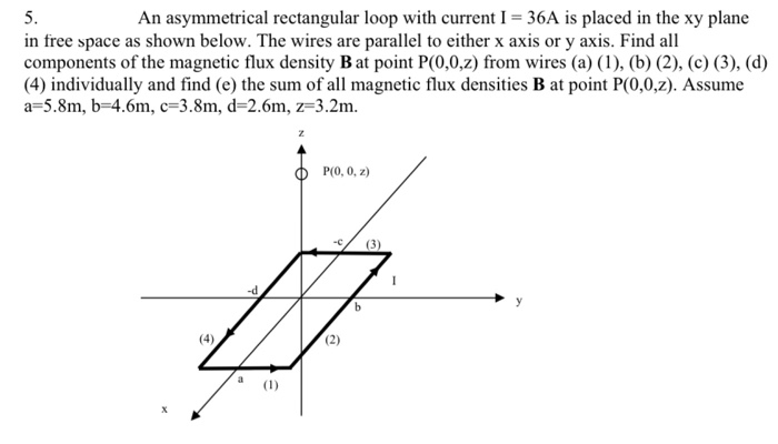 5.
An asymmetrical rectangular loop with current I = 36A is placed in the xy plane
in free space as shown below. The wires are parallel to either x axis or y axis. Find all
components of the magnetic flux density B at point P(0,0,z) from wires (a) (1), (b) (2), (c) (3), (d)
(4) individually and find (e) the sum of all magnetic flux densities B at point P(0,0,z). Assume
a=5.8m, b=4.6m, c=3.8m, d=2.6m, z=3.2m.
