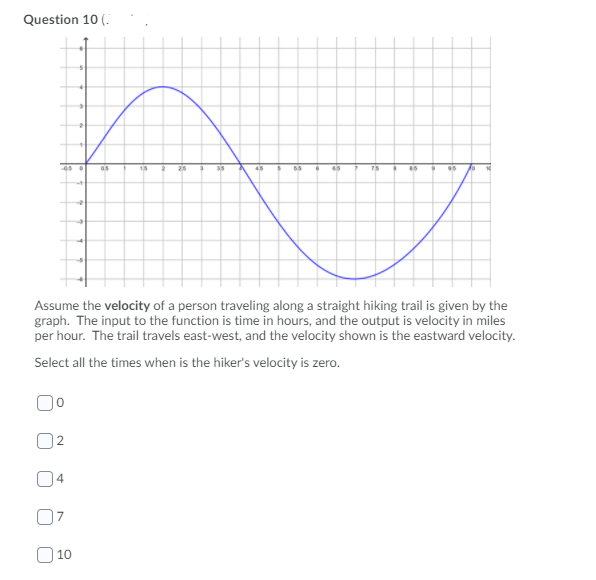 Question 10 (.
15
25
45
75
Assume the velocity of a person traveling along a straight hiking trail is given by the
graph. The input to the function is time in hours, and the output is velocity in miles
per hour. The trail travels east-west, and the velocity shown is the eastward velocity.
Select all the times when is the hiker's velocity is zero.
02
4
O 10
