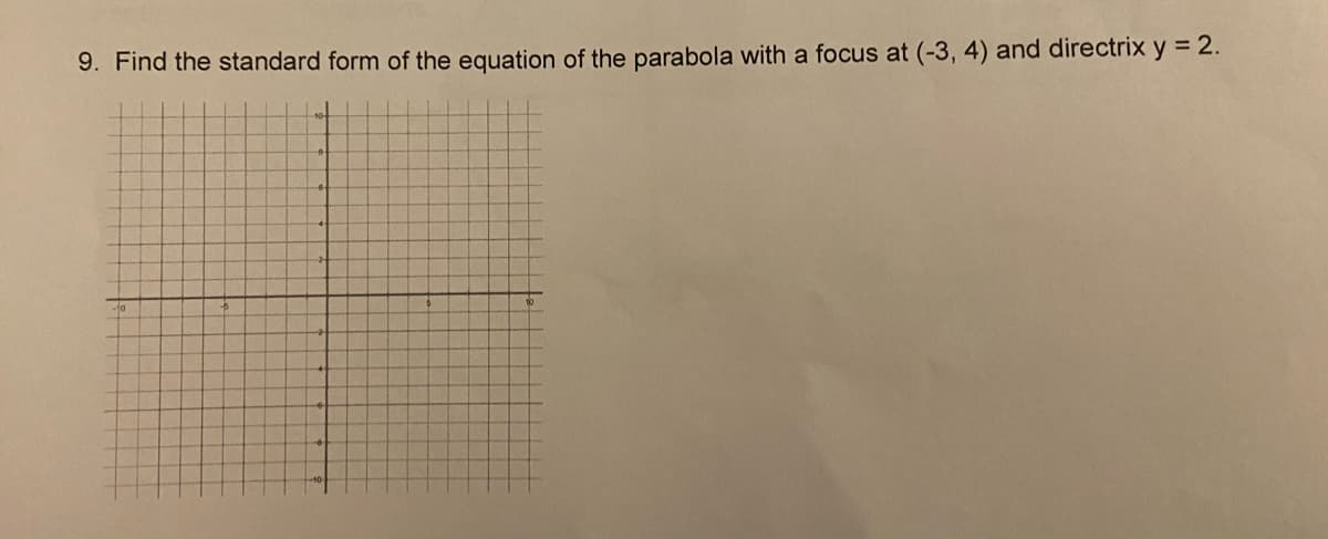 9. Find the standard form of the equation of the parabola with a focus at (-3, 4) and directrix y = 2.
