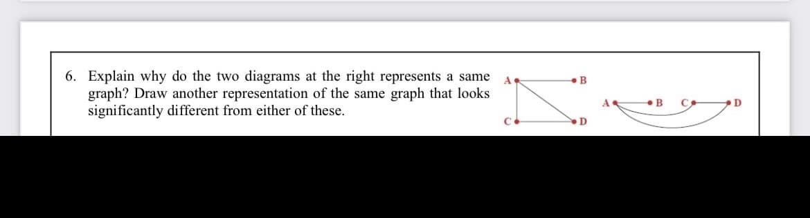 6. Explain why do the two diagrams at the right represents a same
graph? Draw another representation of the same graph that looks
significantly different from either of these.
A
A
D
