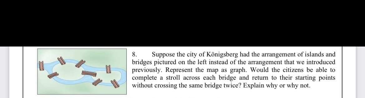 Suppose the city of Königsberg had the arrangement of islands and
bridges pictured on the left instead of the arrangement that we introduced
previously. Represent the map as graph. Would the citizens be able to
complete a stroll across each bridge and return to their starting points
without crossing the same bridge twice? Explain why or why not.
8.
