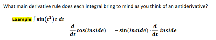 What main derivative rule does each integral bring to mind as you think of an antiderivative?
Example sin(t?) t dt
d
cos(inside) = – sin(inside)·
d
inside
dt
dt
