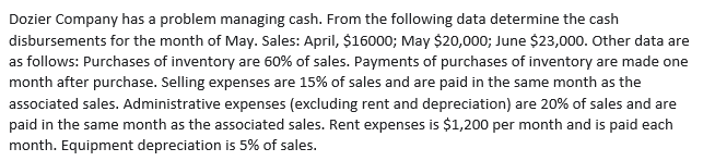 Dozier Company has a problem managing cash. From the following data determine the cash
disbursements for the month of May. Sales: April, $16000; May $20,000; June $23,000. Other data are
as follows: Purchases of inventory are 60% of sales. Payments of purchases of inventory are made one
month after purchase. Selling expenses are 15% of sales and are paid in the same month as the
associated sales. Administrative expenses (excluding rent and depreciation) are 20% of sales and are
paid in the same month as the associated sales. Rent expenses is $1,200 per month and is paid each
month. Equipment depreciation is 5% of sales.

