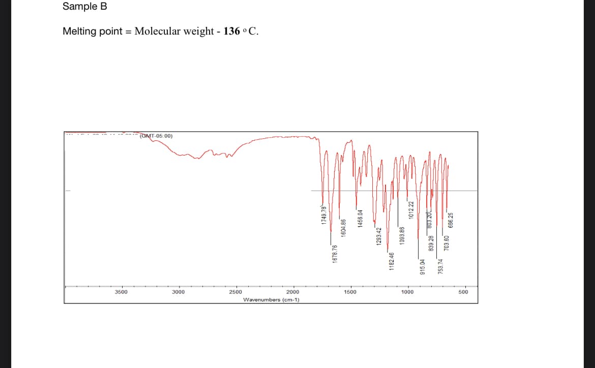 Sample B
Melting point = Molecular weight - 136 ° C.
(GMT-05:00)
3500
3000
2500
2000
1500
1000
500
Wavenumbers (cm-1)
82'62
1678.76
1604.86
1456.04
1293.42
1182.46
1093.86
915.04
753.74
09 E0L
666.25
