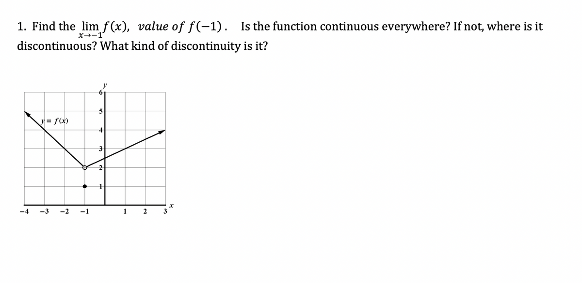 1. Find the lim f (x), value of f(-1). Is the function continuous everywhere? If not, where is it
X→-1
discontinuous? What kind of discontinuity is it?
y
y= f(x)
-4
-3
-2
-1
1
3
